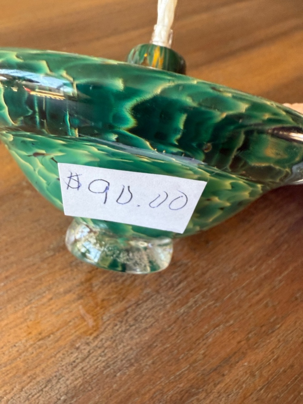 A one of a kind beautiful Handblown Green Glass Oil Lamp with Clear Rim-NWT - Picture 5 of 6